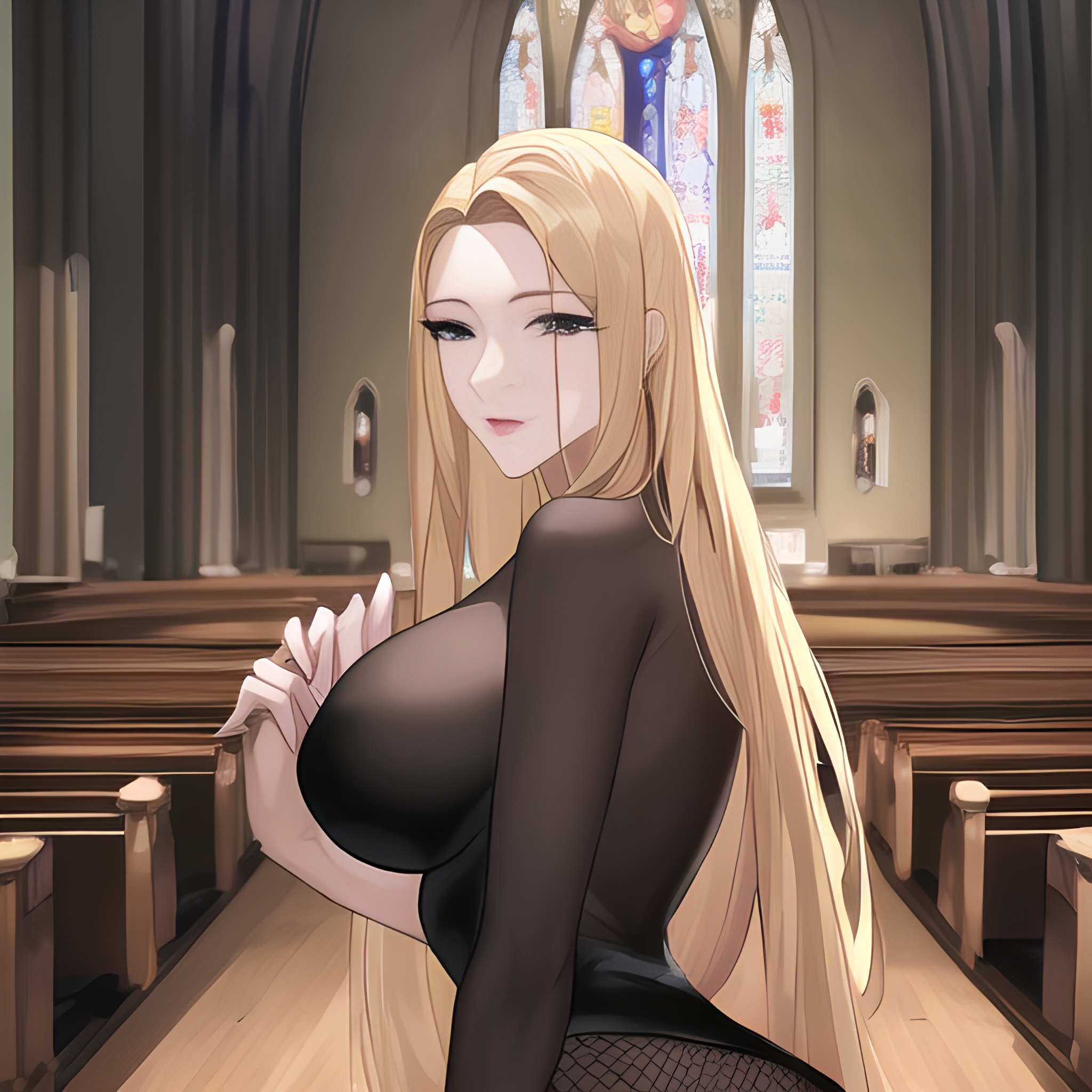 woman front view nude long hair fishnet small boobs blonde church 