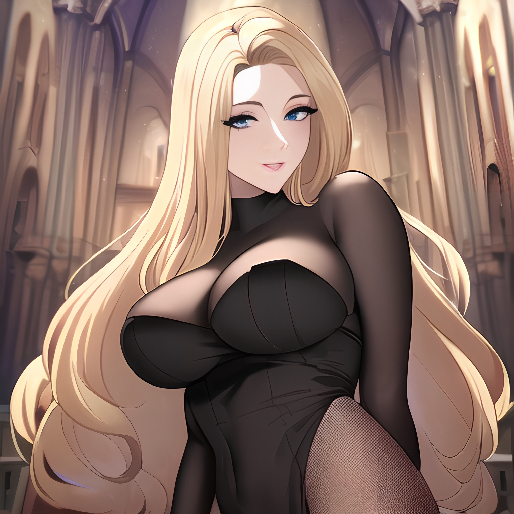 woman front view small boobs blonde long hair fishnet church nude 