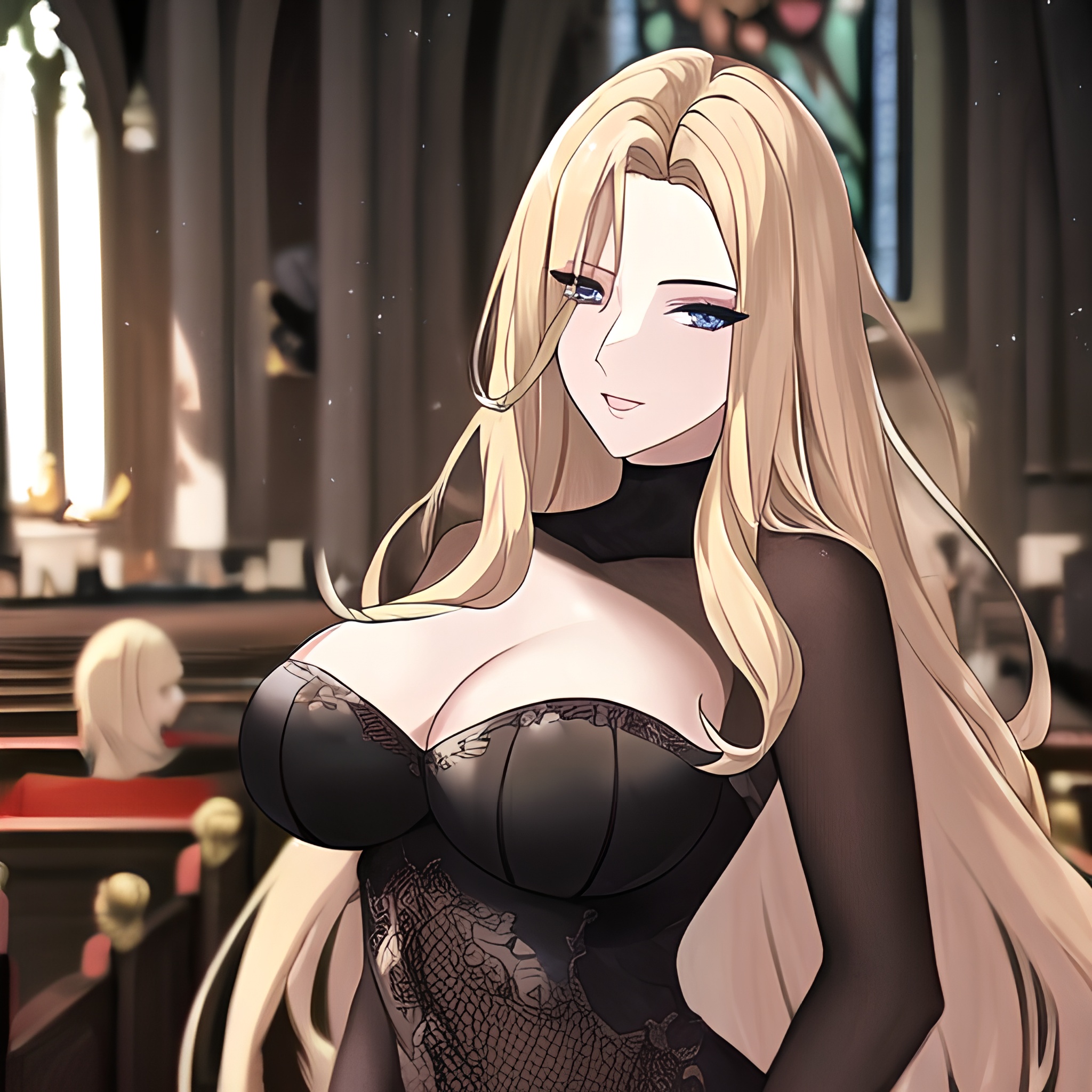 woman front view small boobs nude fishnet blonde church long hair 