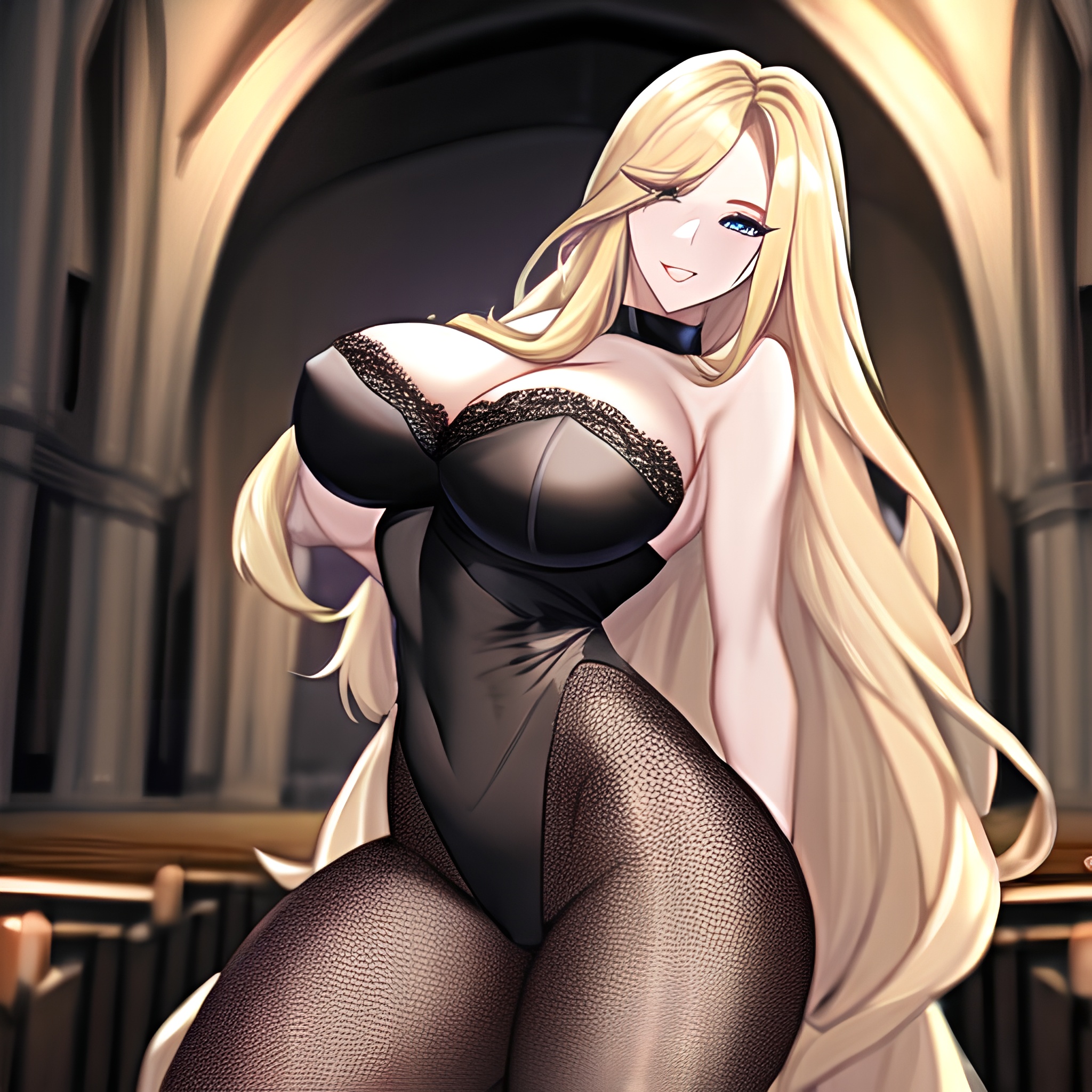 woman long hair blonde church fishnet 