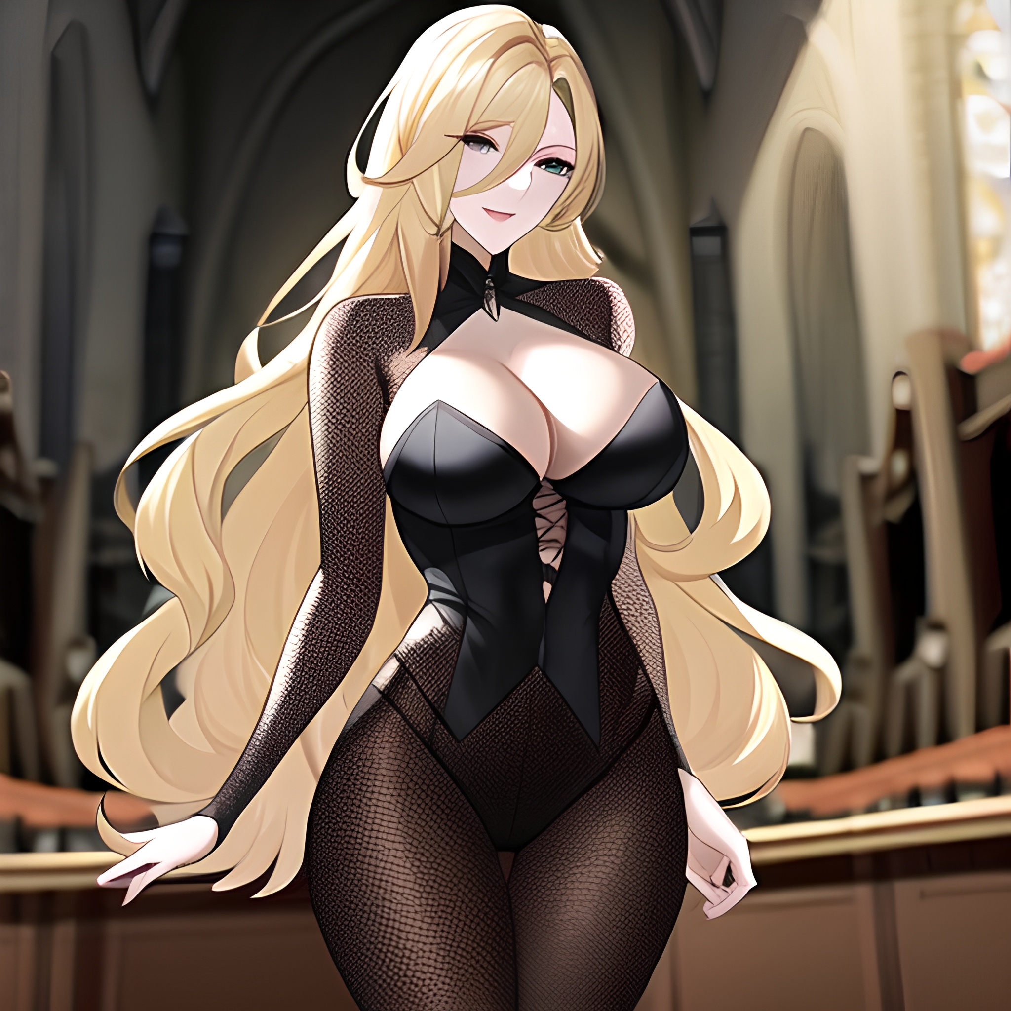 woman long hair blonde church fishnet
