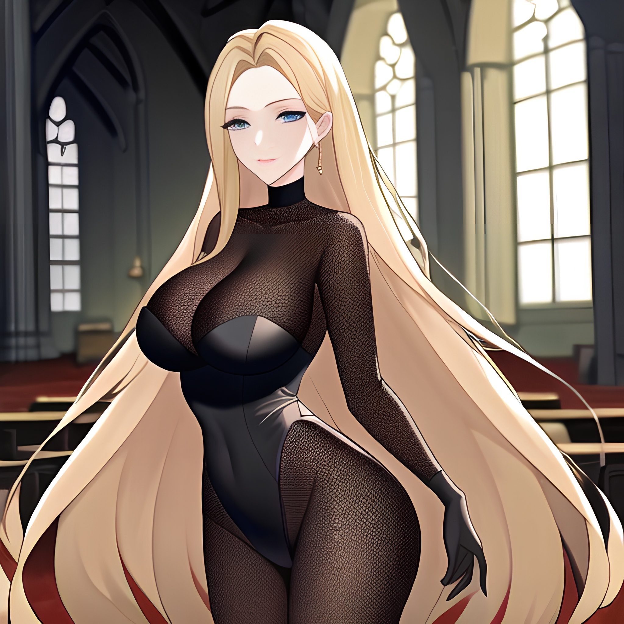 woman long hair blonde church fishnet 