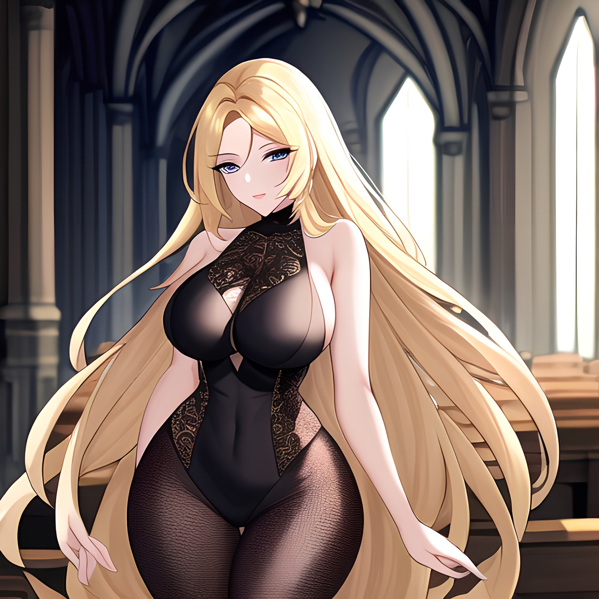 woman long hair blonde fishnet church 