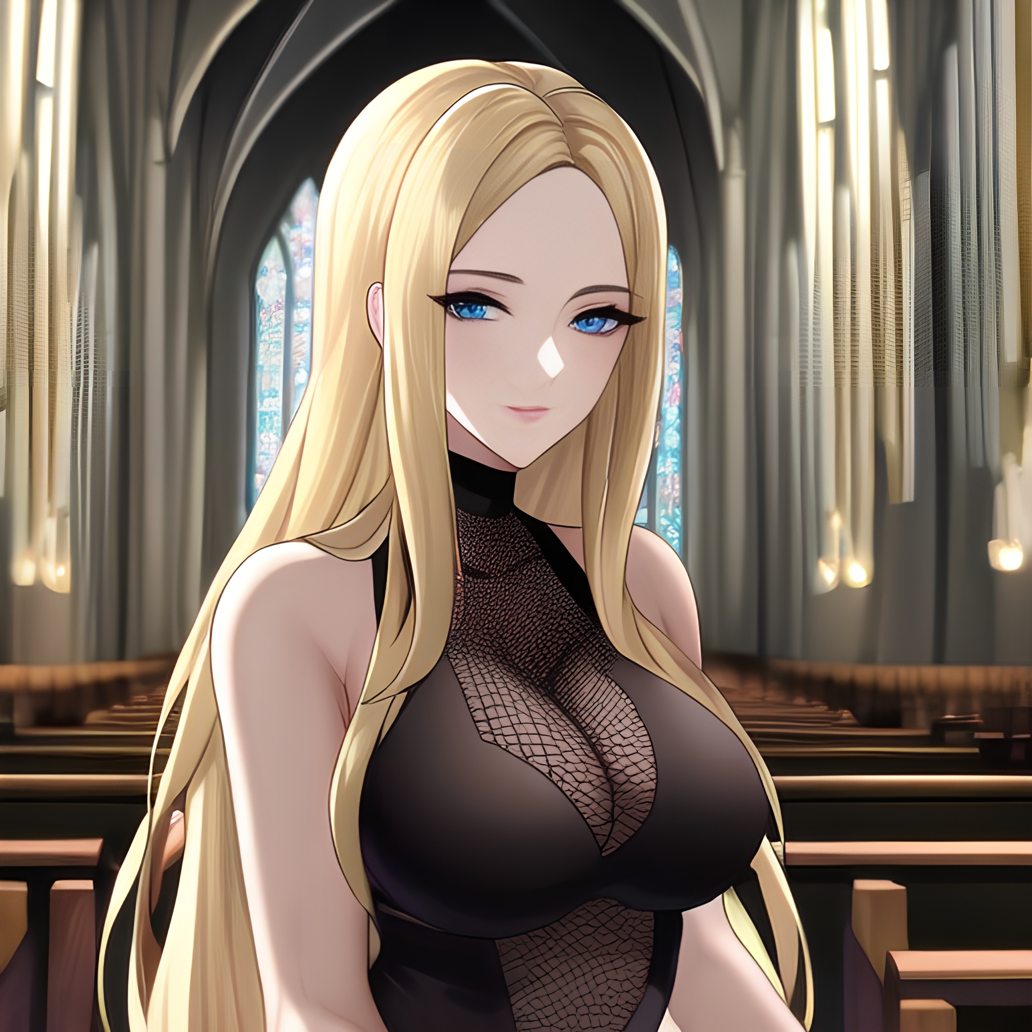 woman long hair blonde fishnet church 