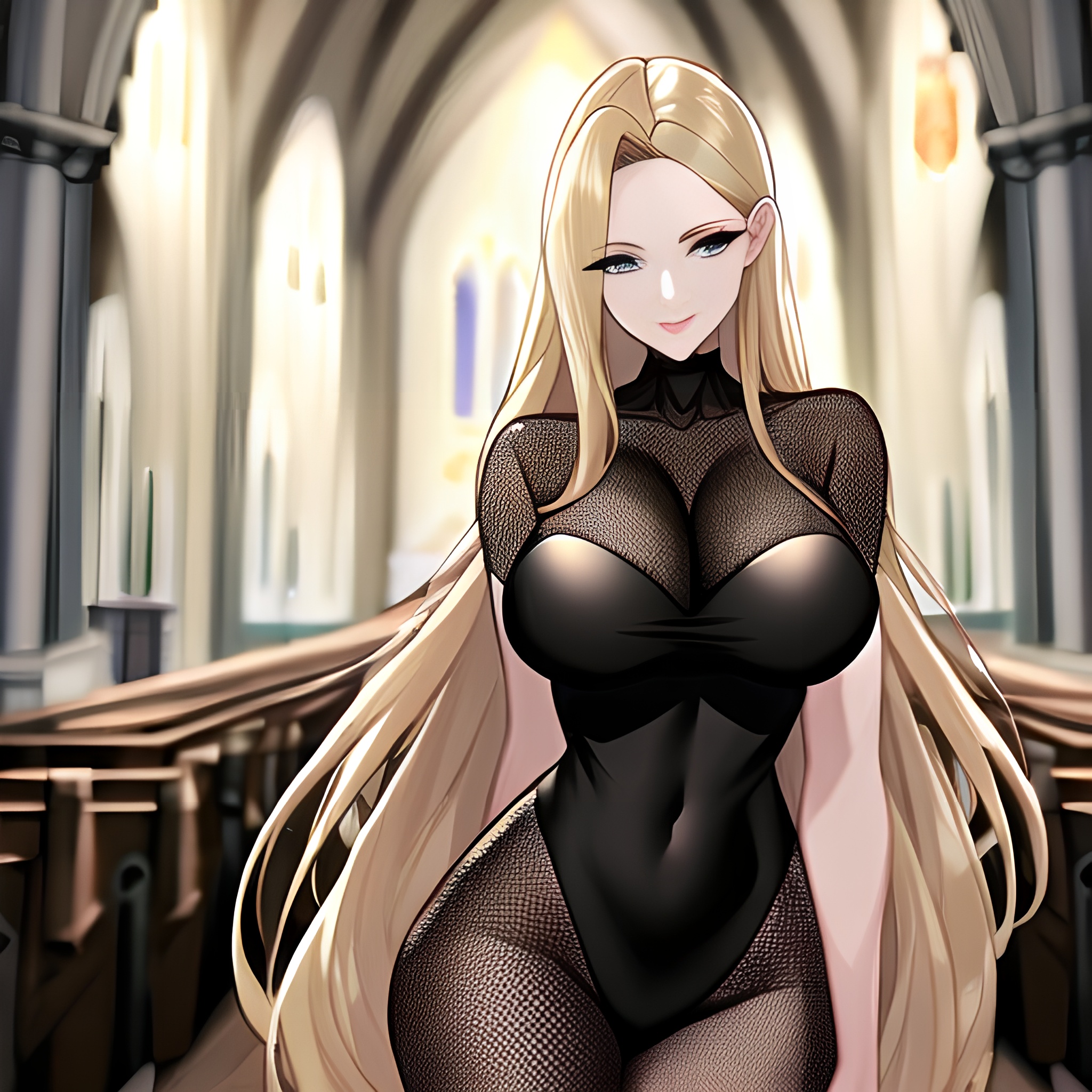 woman long hair blonde fishnet church 