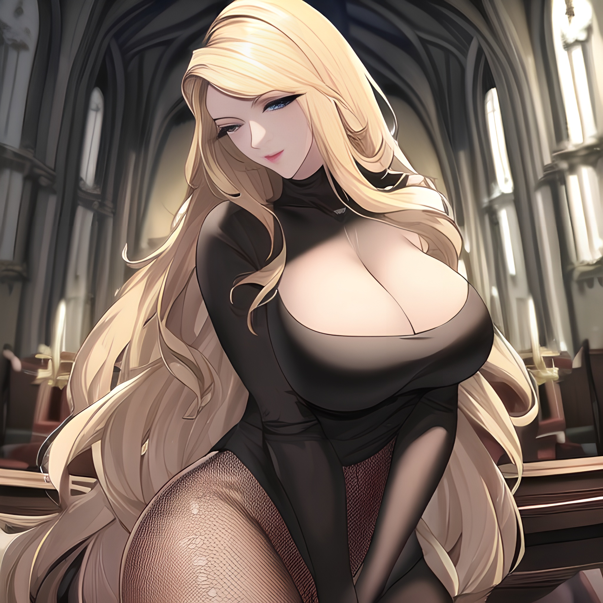 woman long hair blonde small boobs church fishnet nude front view 