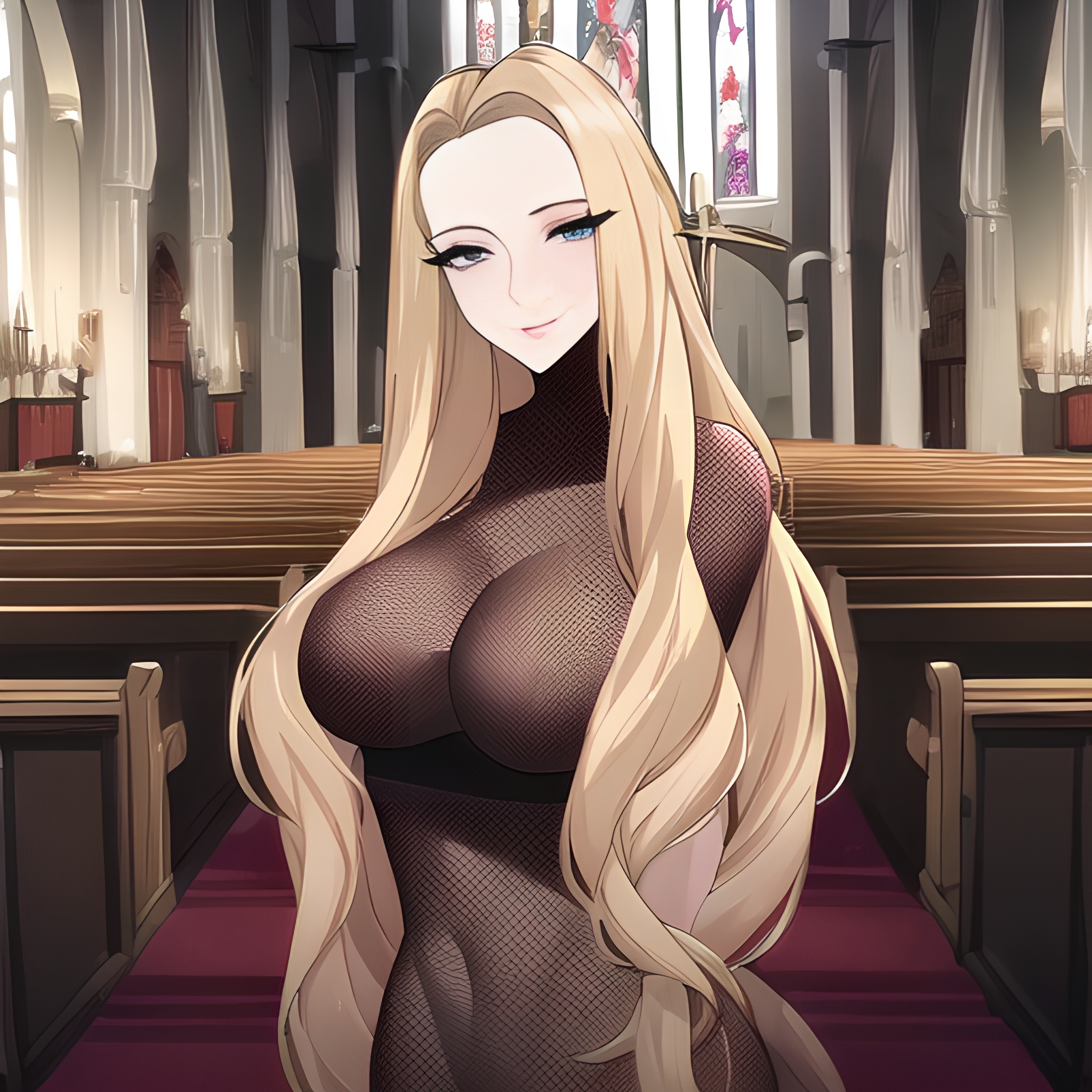 woman long hair blonde small boobs nude church front view fishnet