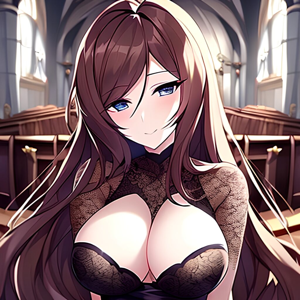 woman long hair brunette church fishnet messy hair