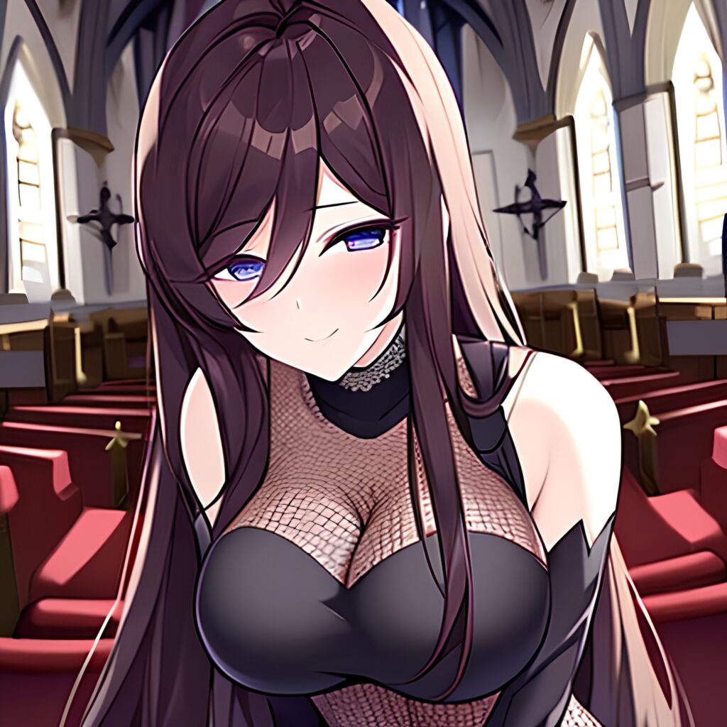 woman long hair brunette church fishnet messy hair 