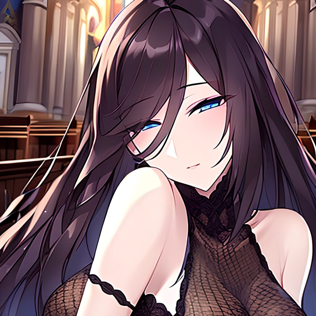 woman long hair brunette church fishnet messy hair 