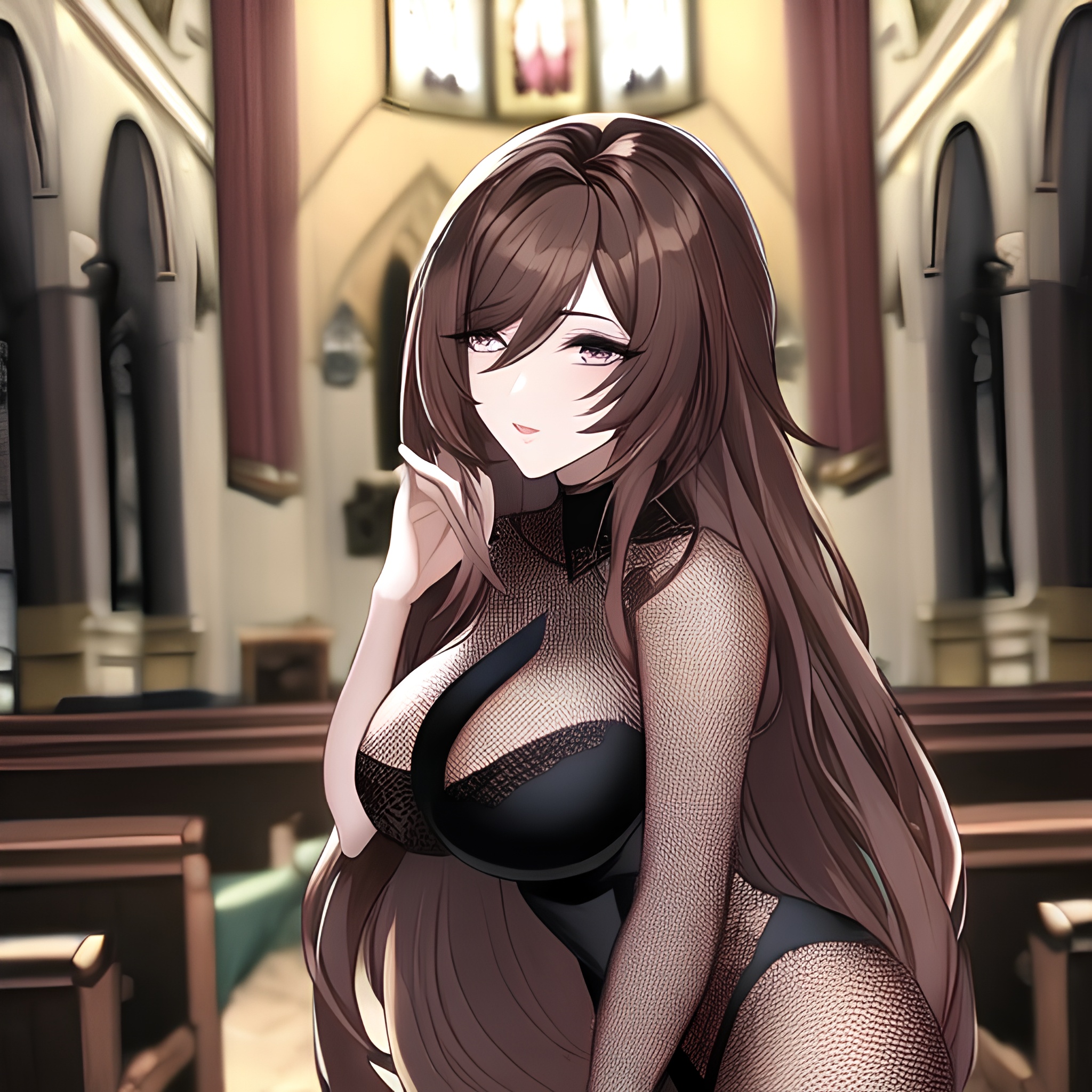 woman long hair brunette church messy hair fishnet 