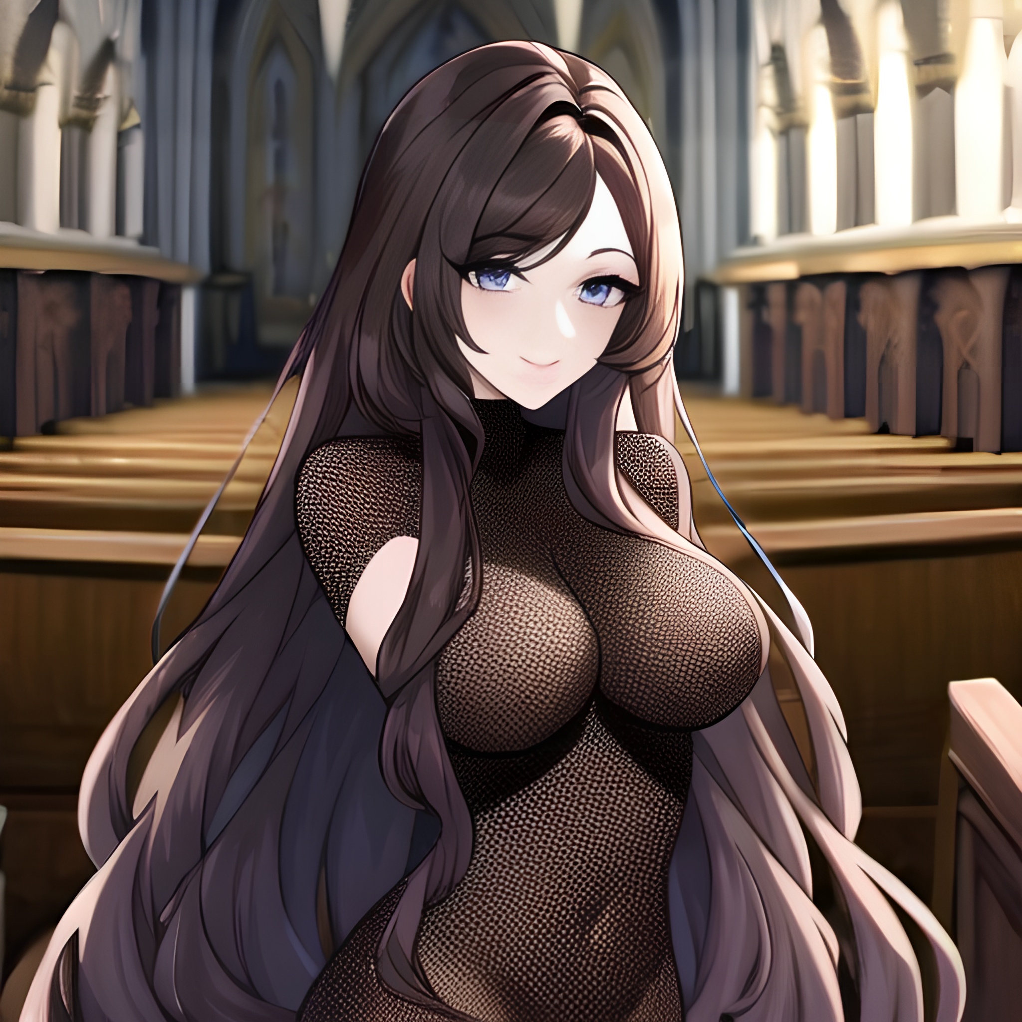 woman long hair brunette church messy hair fishnet 