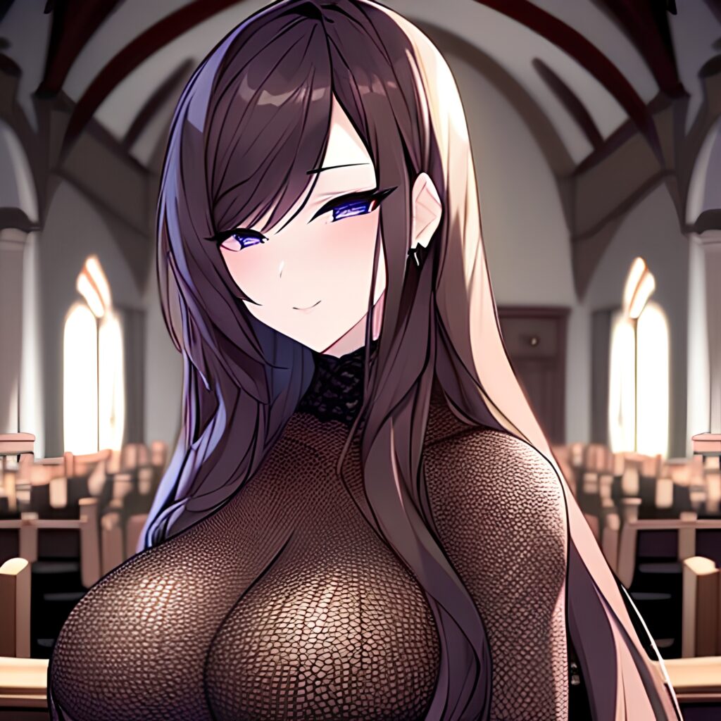 woman long hair brunette church messy hair fishnet 