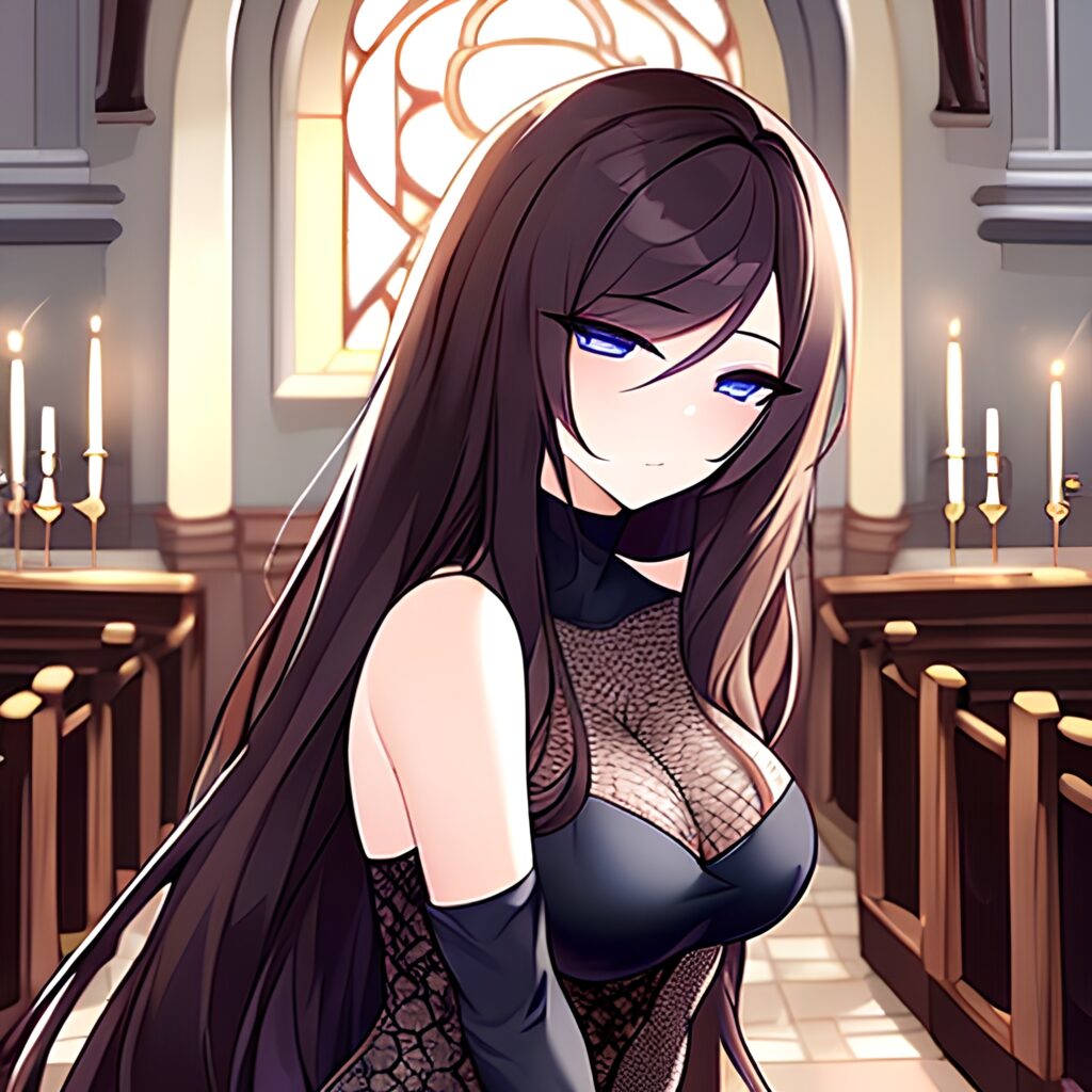 woman long hair brunette church messy hair fishnet 