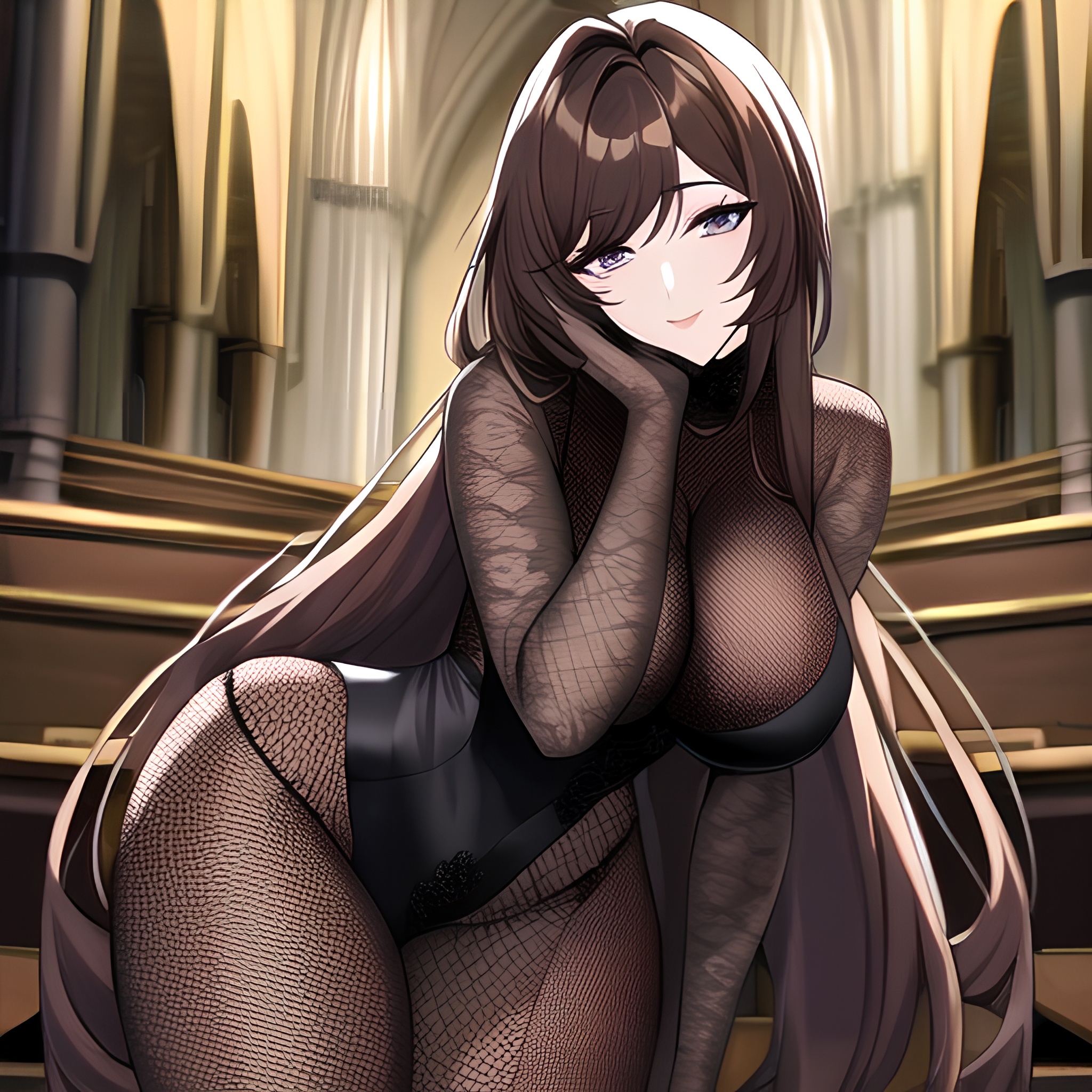 woman long hair brunette church messy hair fishnet 