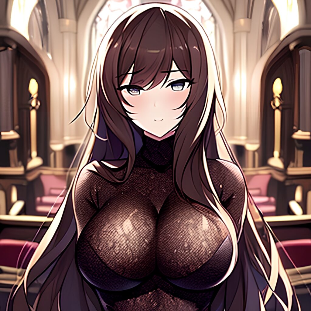 woman long hair brunette fishnet church messy hair 