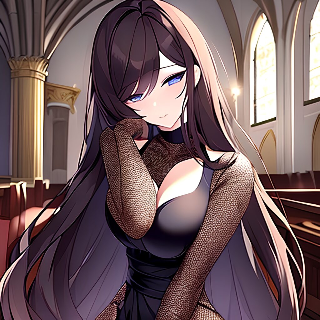 woman long hair brunette fishnet church messy hair 