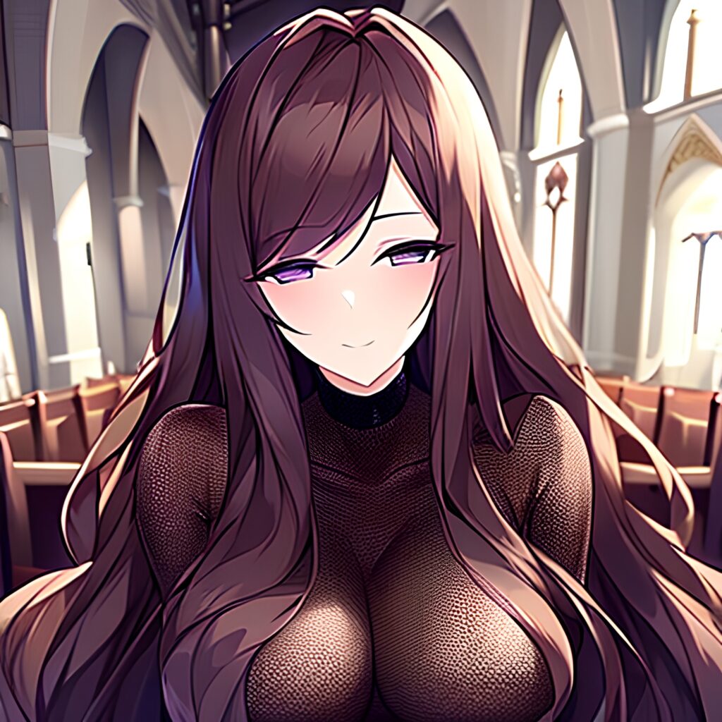 woman long hair brunette fishnet church messy hair 