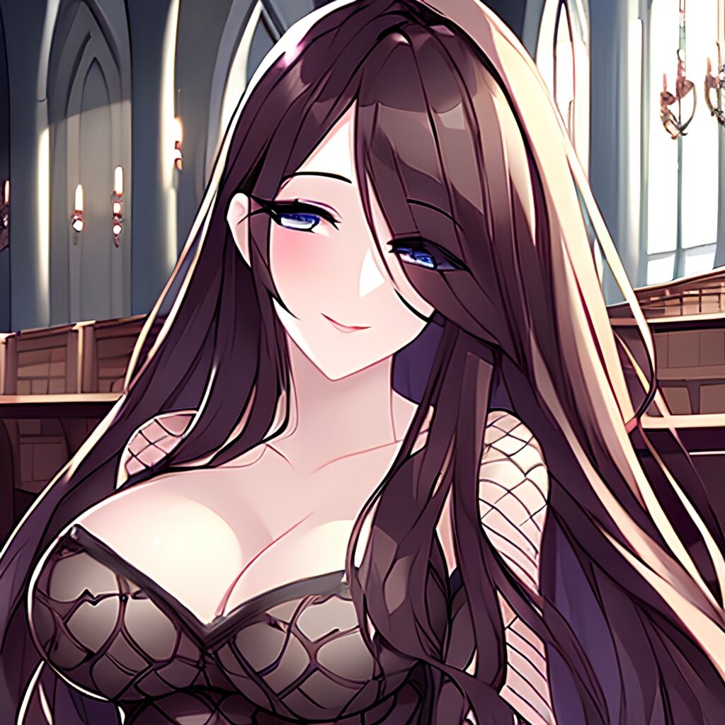 woman long hair brunette fishnet church messy hair 