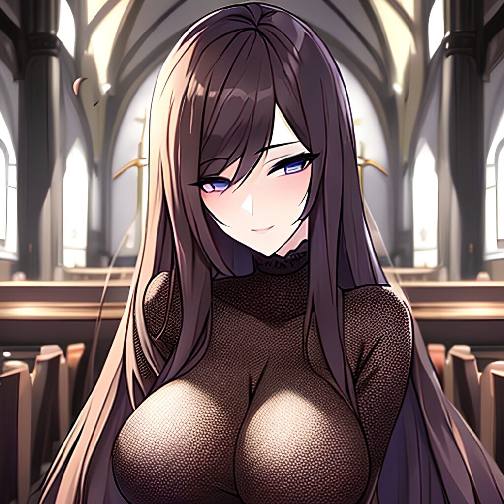 woman long hair brunette fishnet church messy hair 