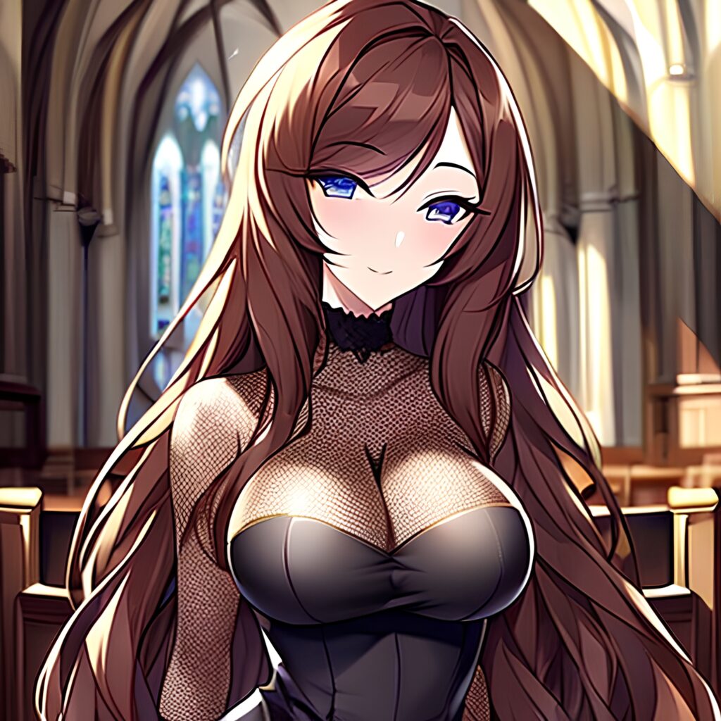 woman long hair brunette fishnet church messy hair 