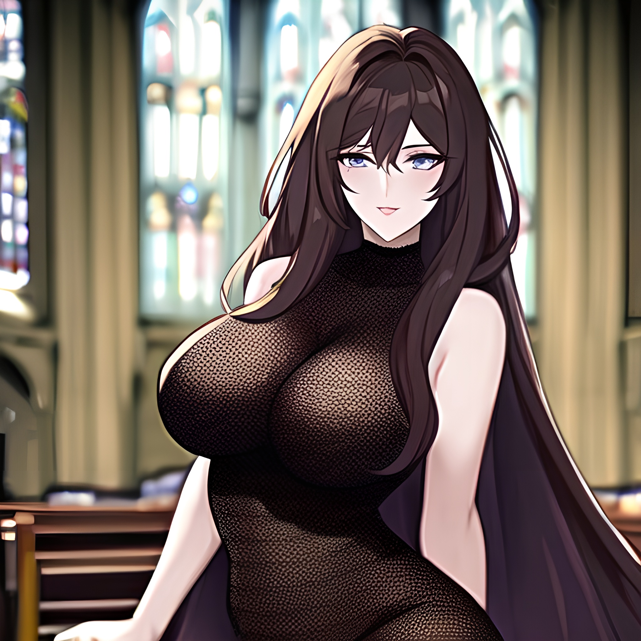 woman long hair brunette fishnet church messy hair 