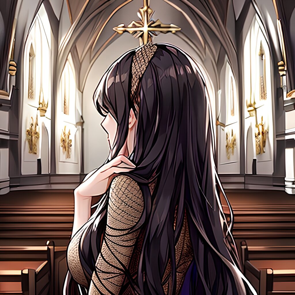 woman long hair brunette fishnet messy hair church 