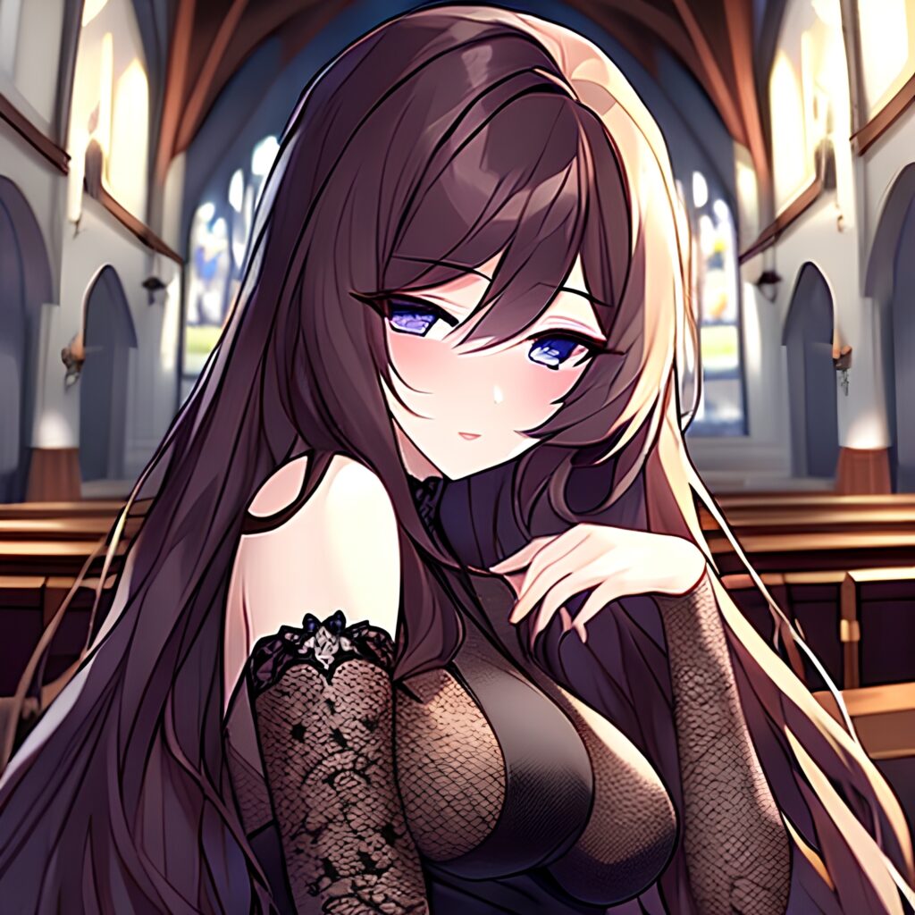 woman long hair brunette messy hair church fishnet 