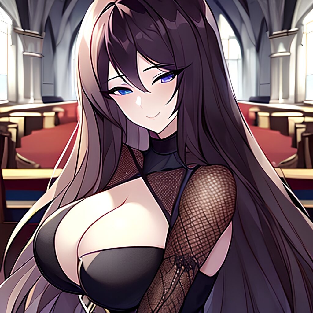 woman long hair brunette messy hair church fishnet