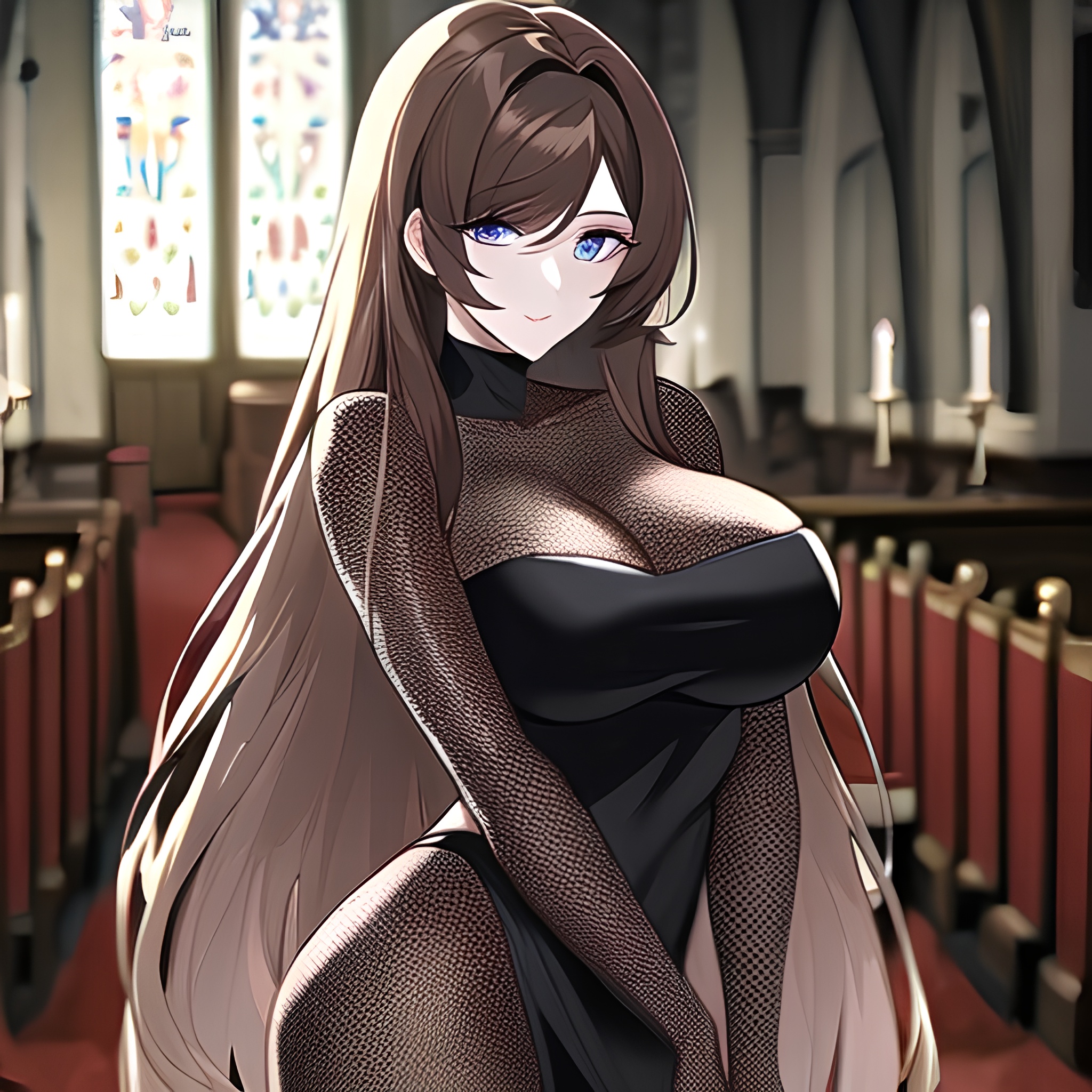 woman long hair brunette messy hair church fishnet 