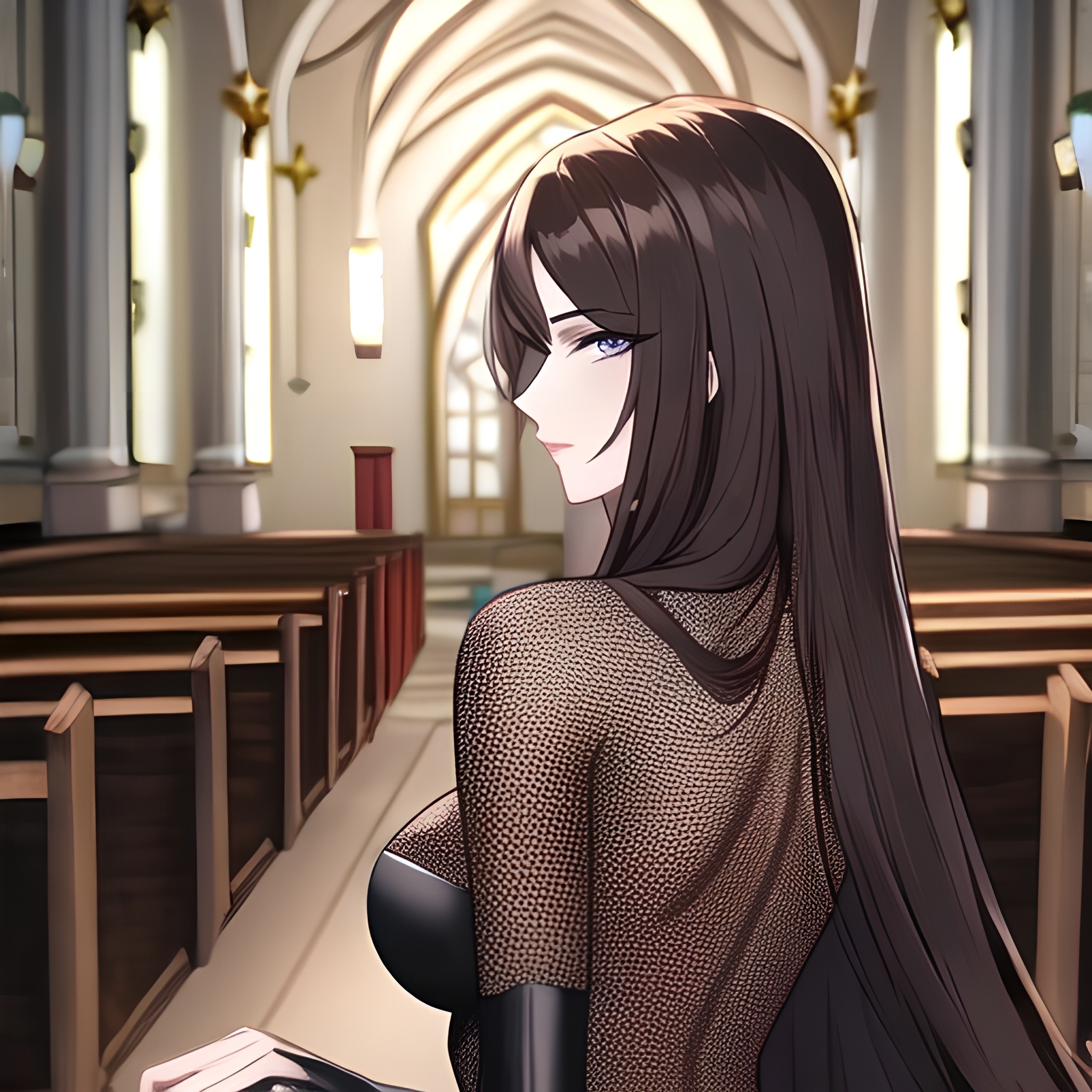 woman long hair brunette messy hair church fishnet 