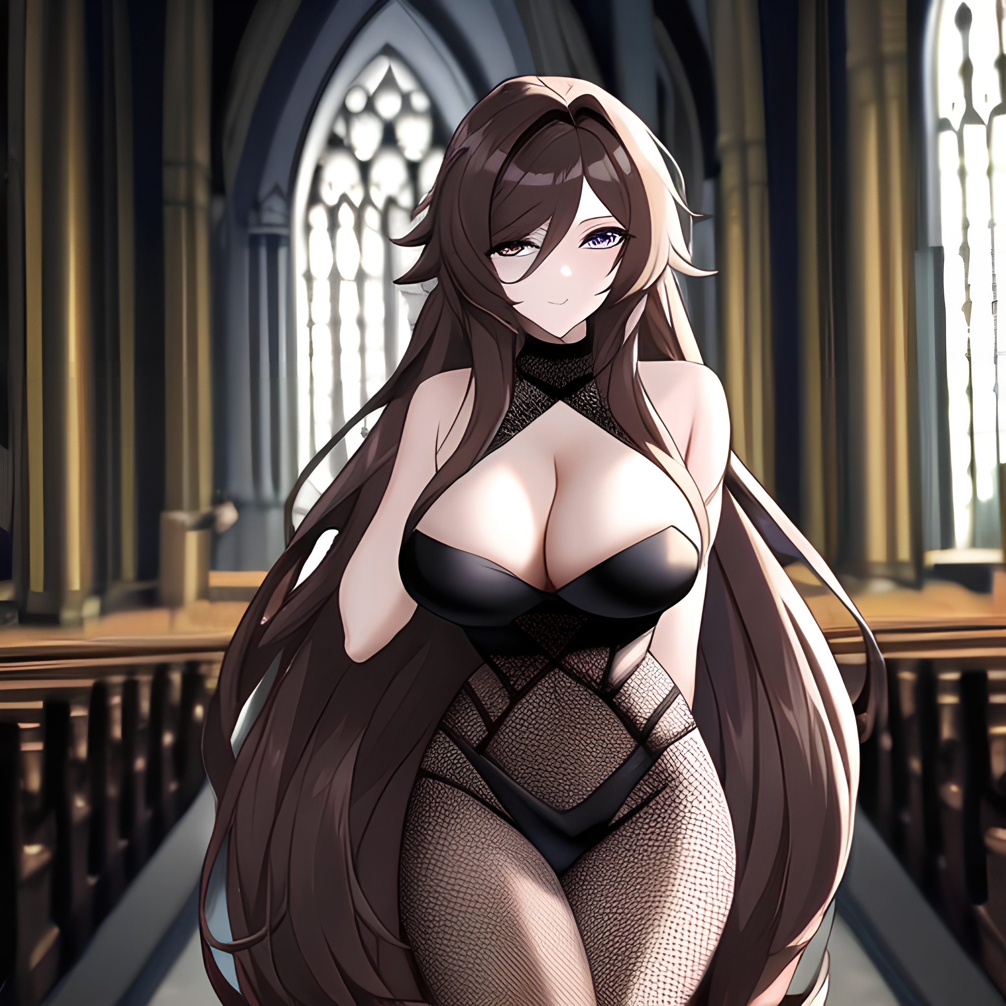 woman long hair brunette messy hair fishnet church 