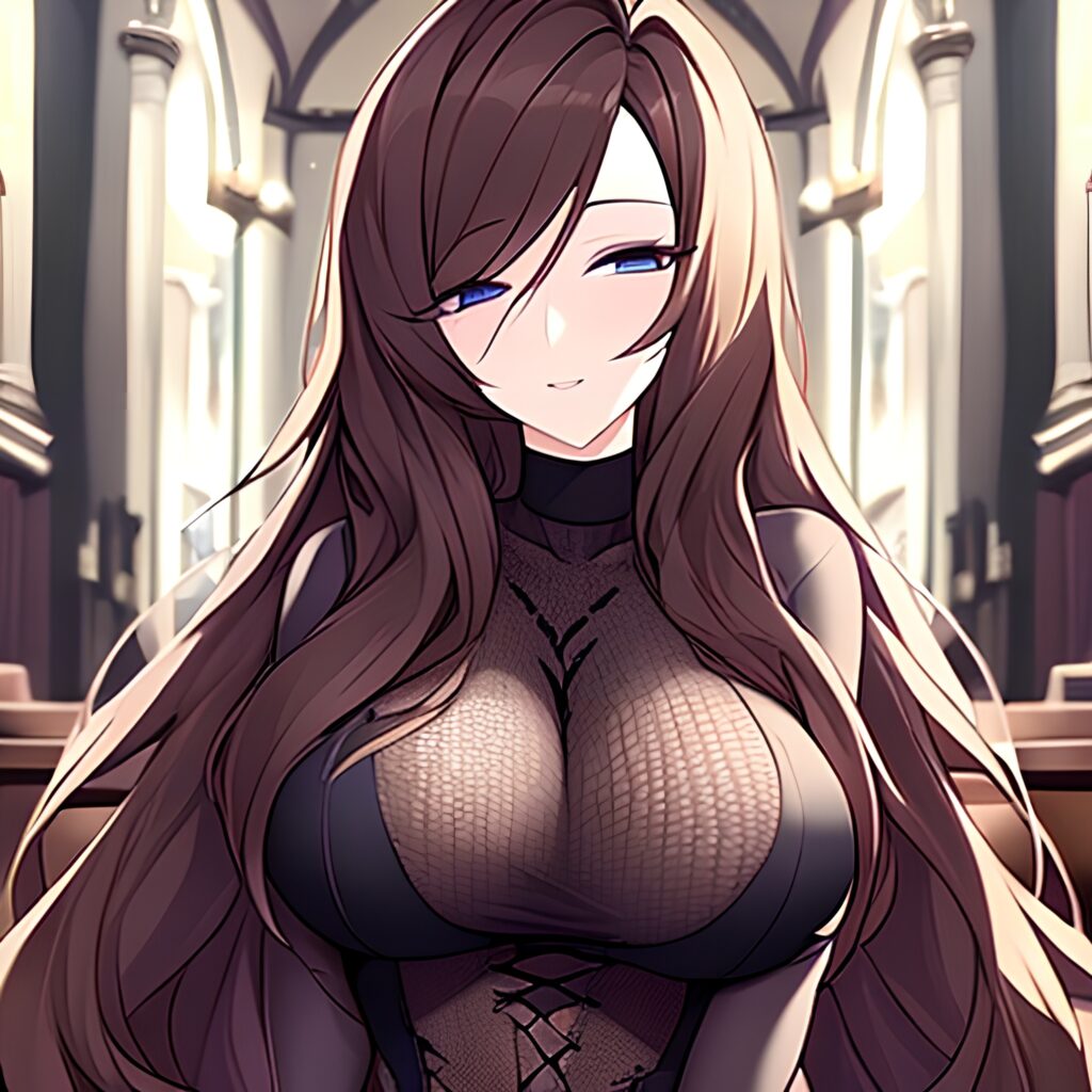 woman long hair brunette messy hair fishnet church