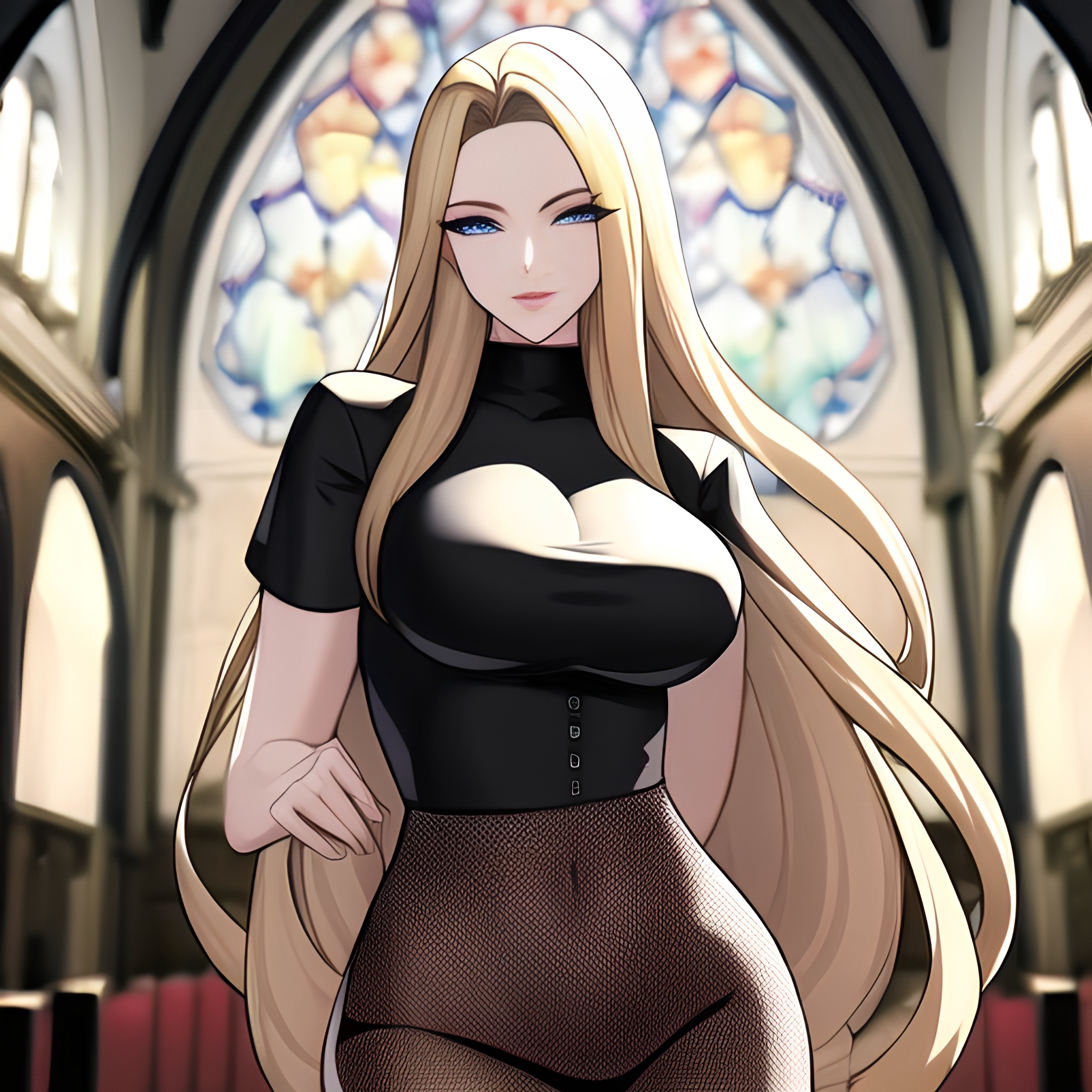 woman long hair church blonde fishnet 