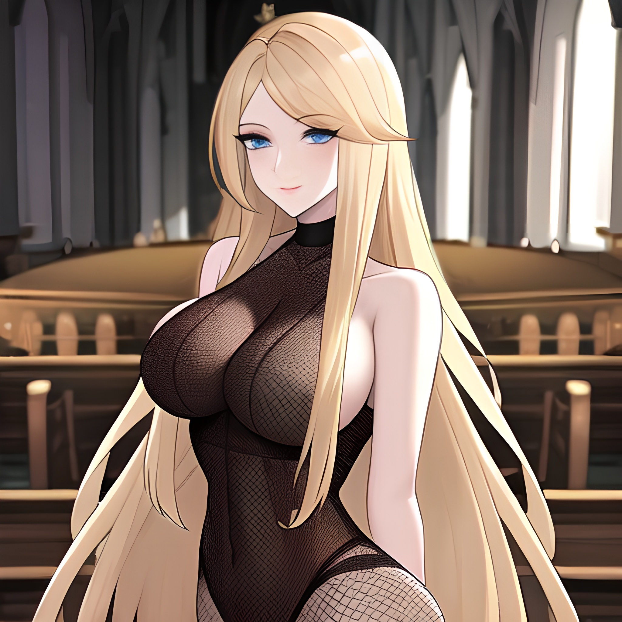 woman long hair church blonde fishnet 