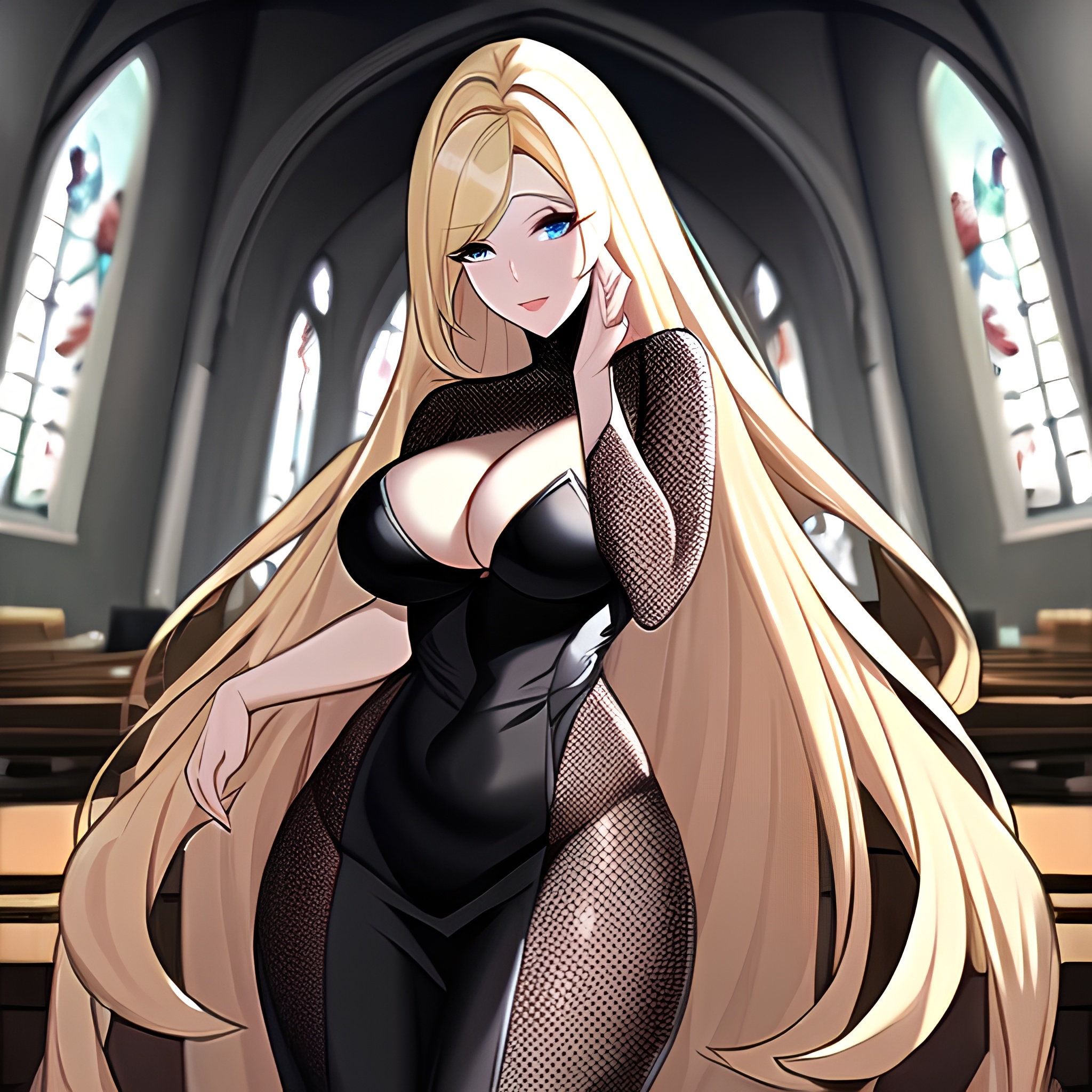 woman long hair church blonde fishnet 