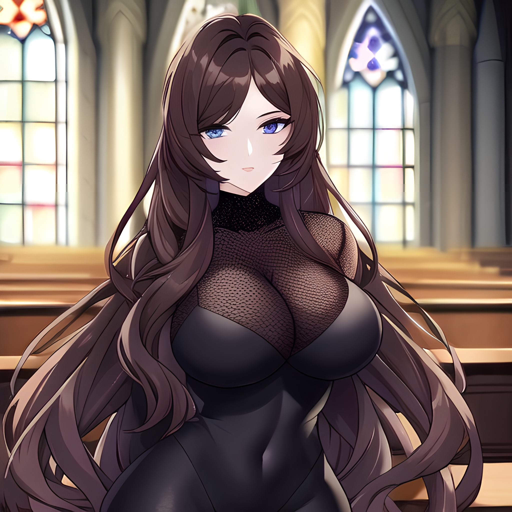 woman long hair church brunette fishnet messy hair 