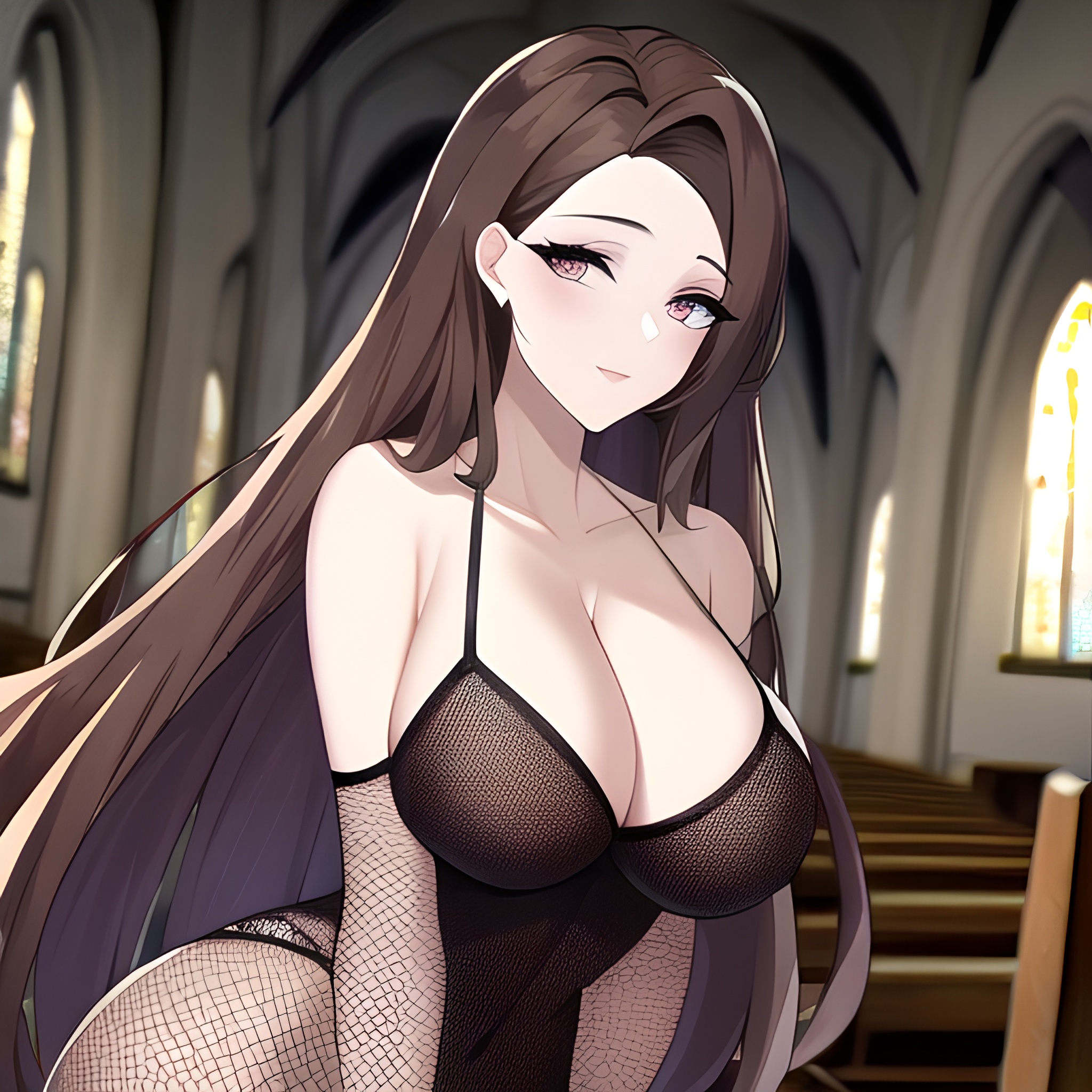 woman long hair church brunette messy hair fishnet 