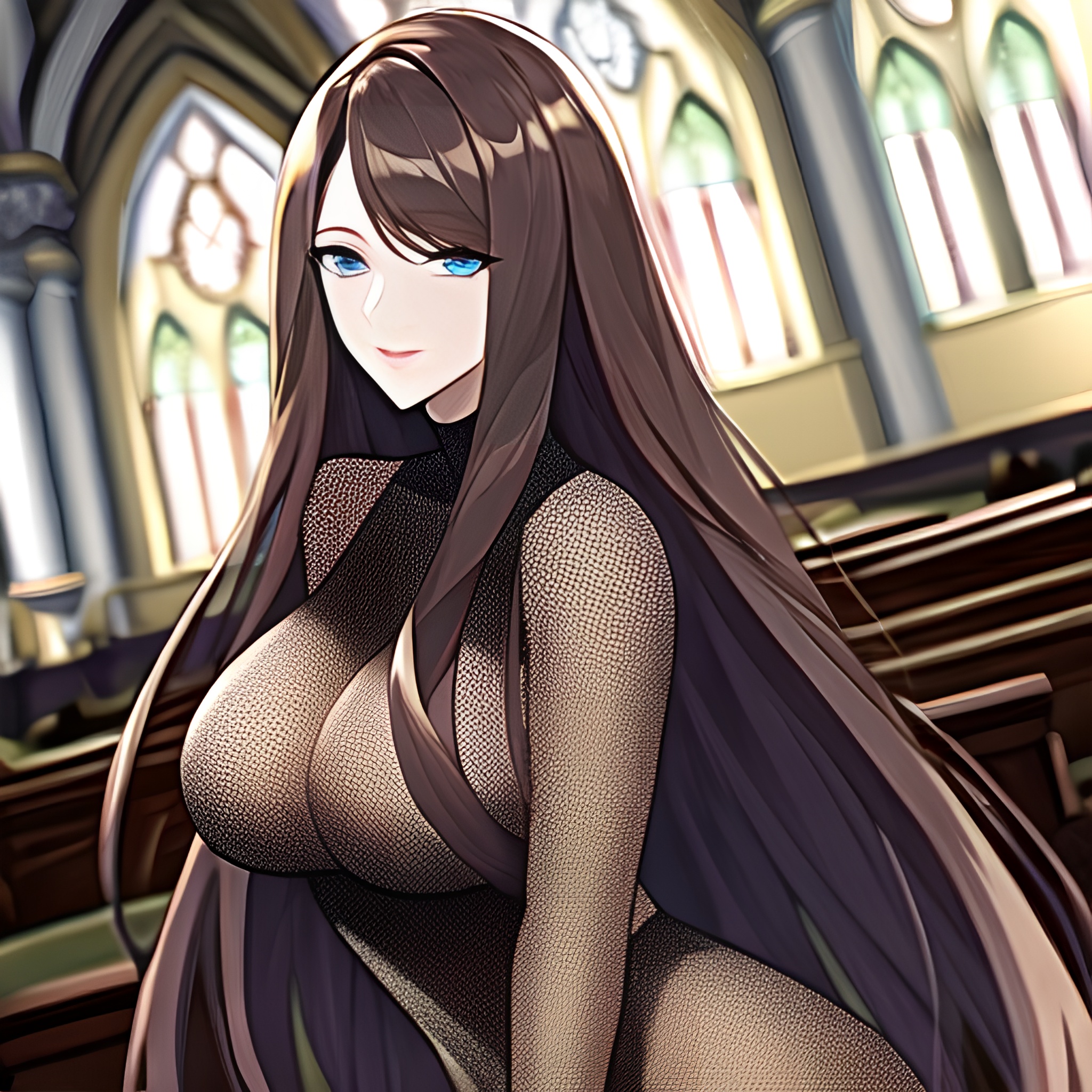 woman long hair church brunette messy hair fishnet 