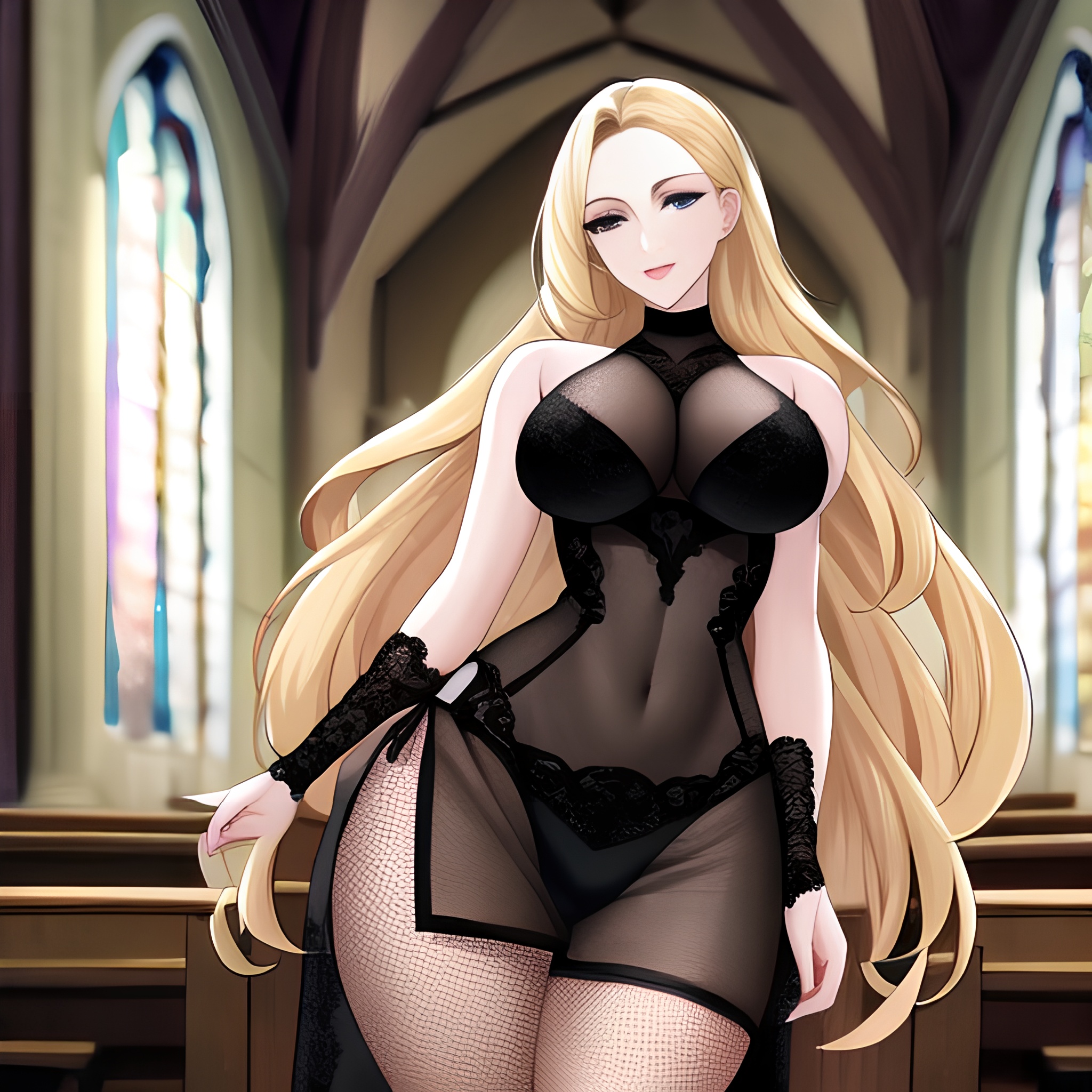 woman long hair church fishnet blonde 