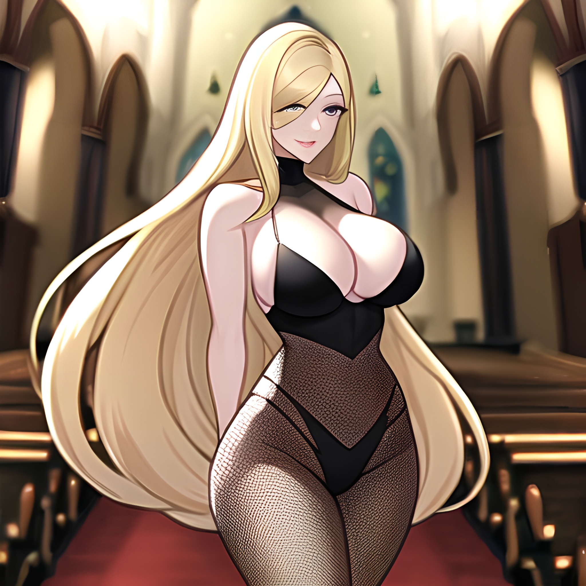 woman long hair church fishnet blonde 