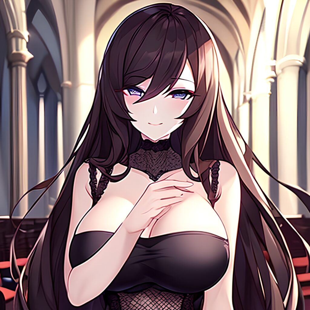 woman long hair church fishnet brunette messy hair 