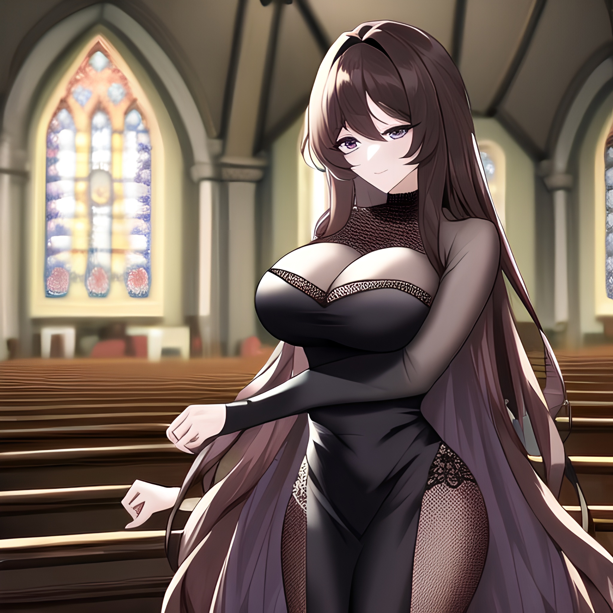 woman long hair church fishnet messy hair brunette 