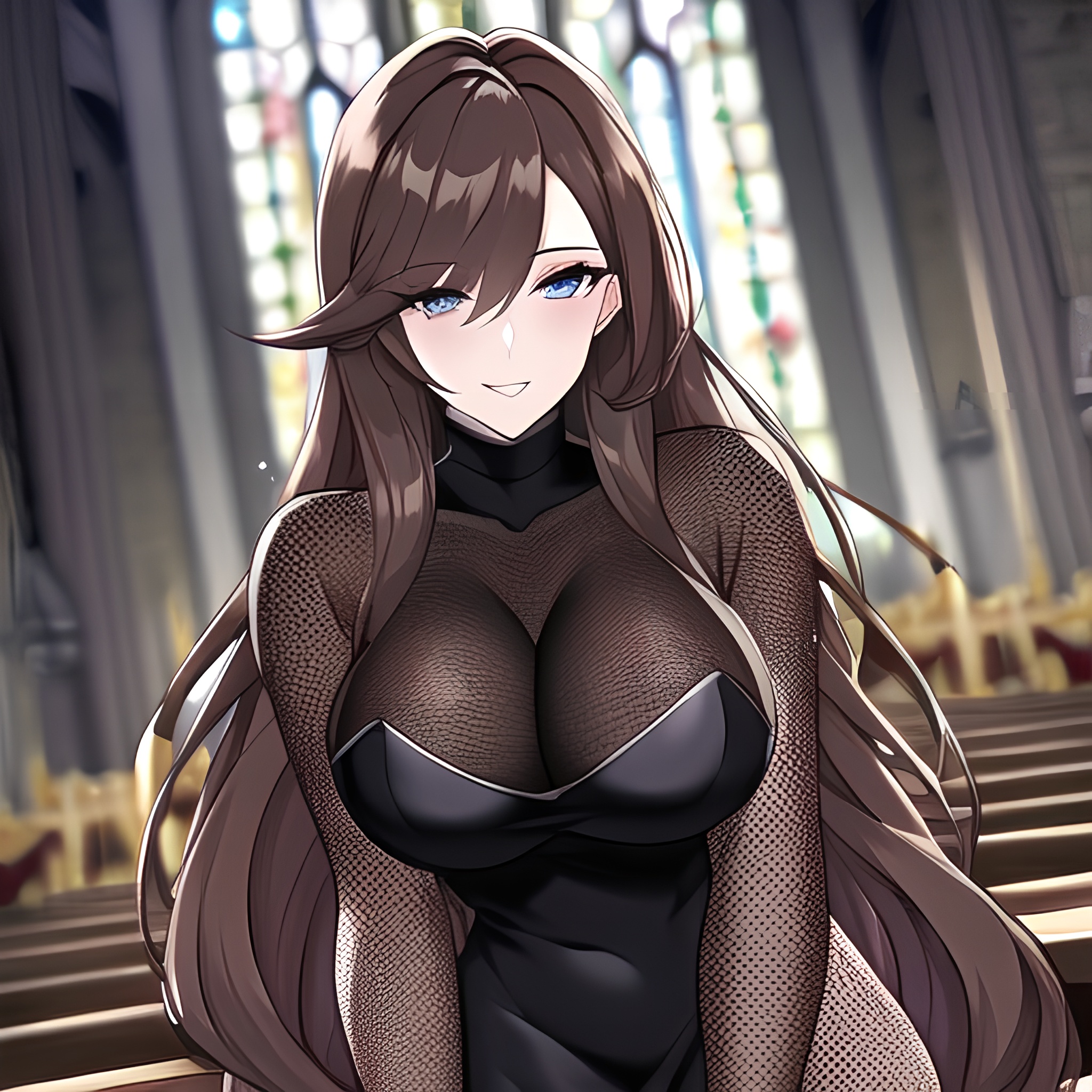 woman long hair church fishnet messy hair brunette 