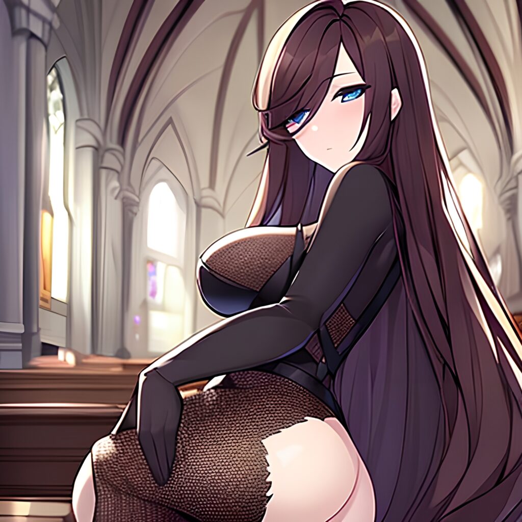 woman long hair church messy hair brunette fishnet 