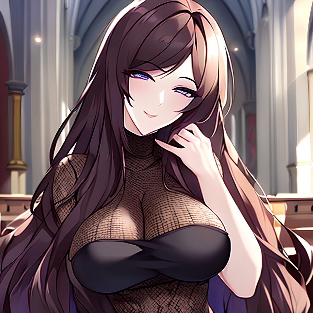 woman long hair church messy hair brunette fishnet 