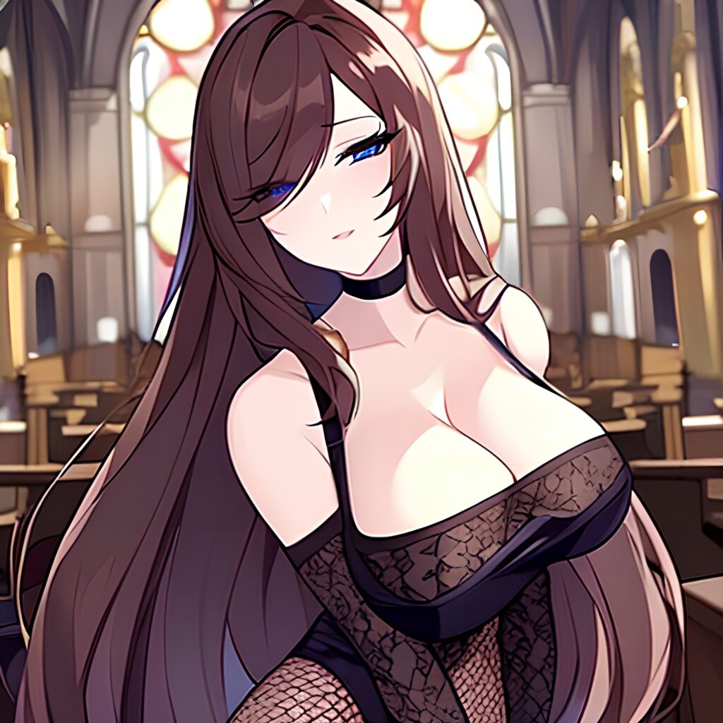 woman long hair church messy hair brunette fishnet 
