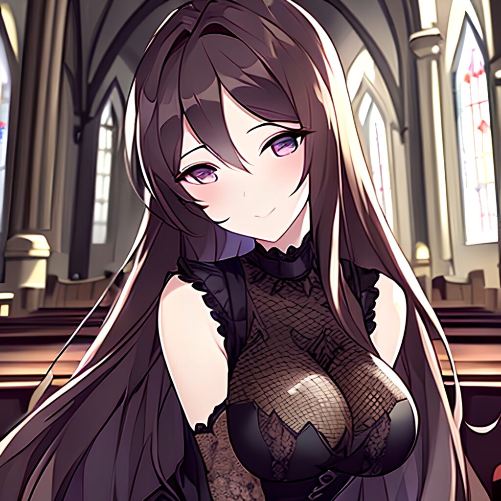 woman long hair church messy hair brunette fishnet 