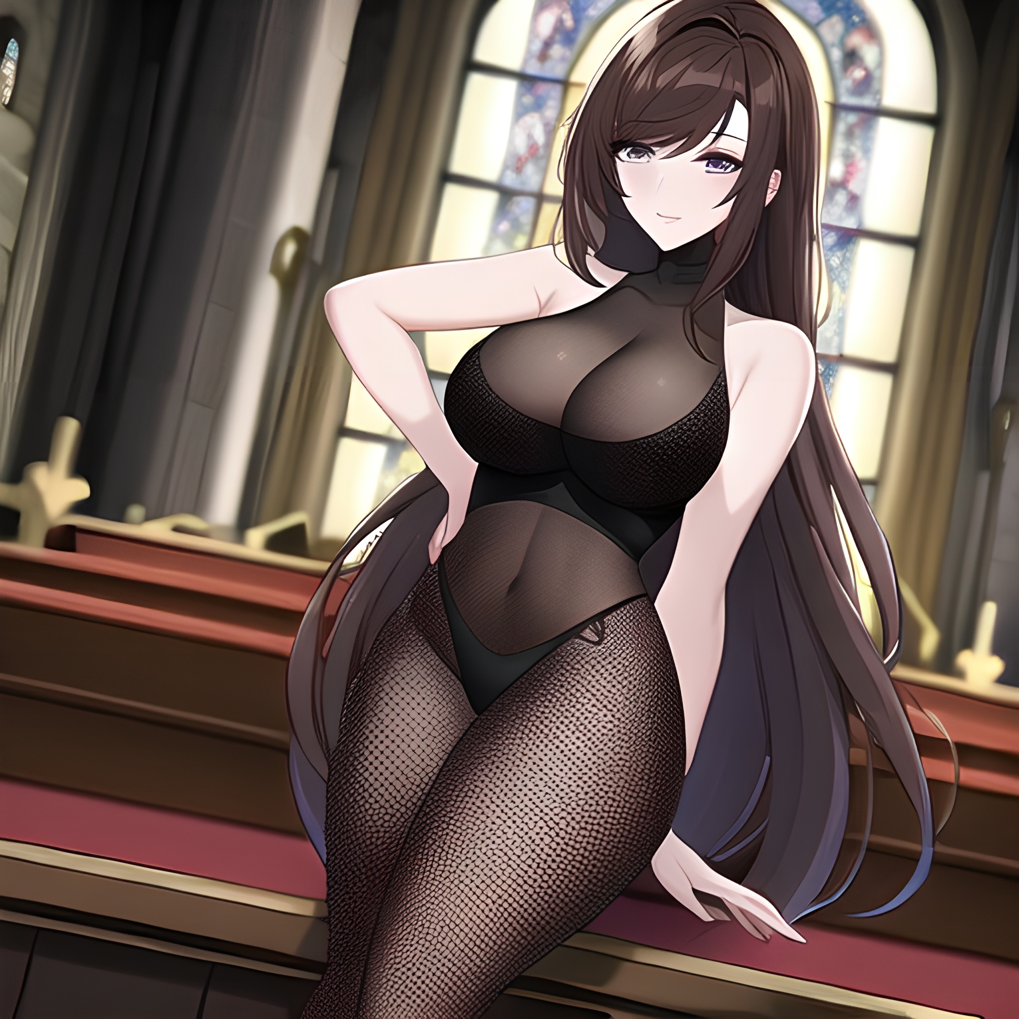 woman long hair church messy hair brunette fishnet 