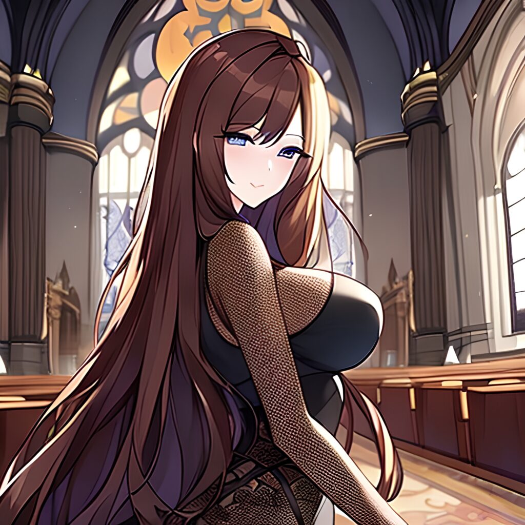 woman long hair church messy hair fishnet brunette 